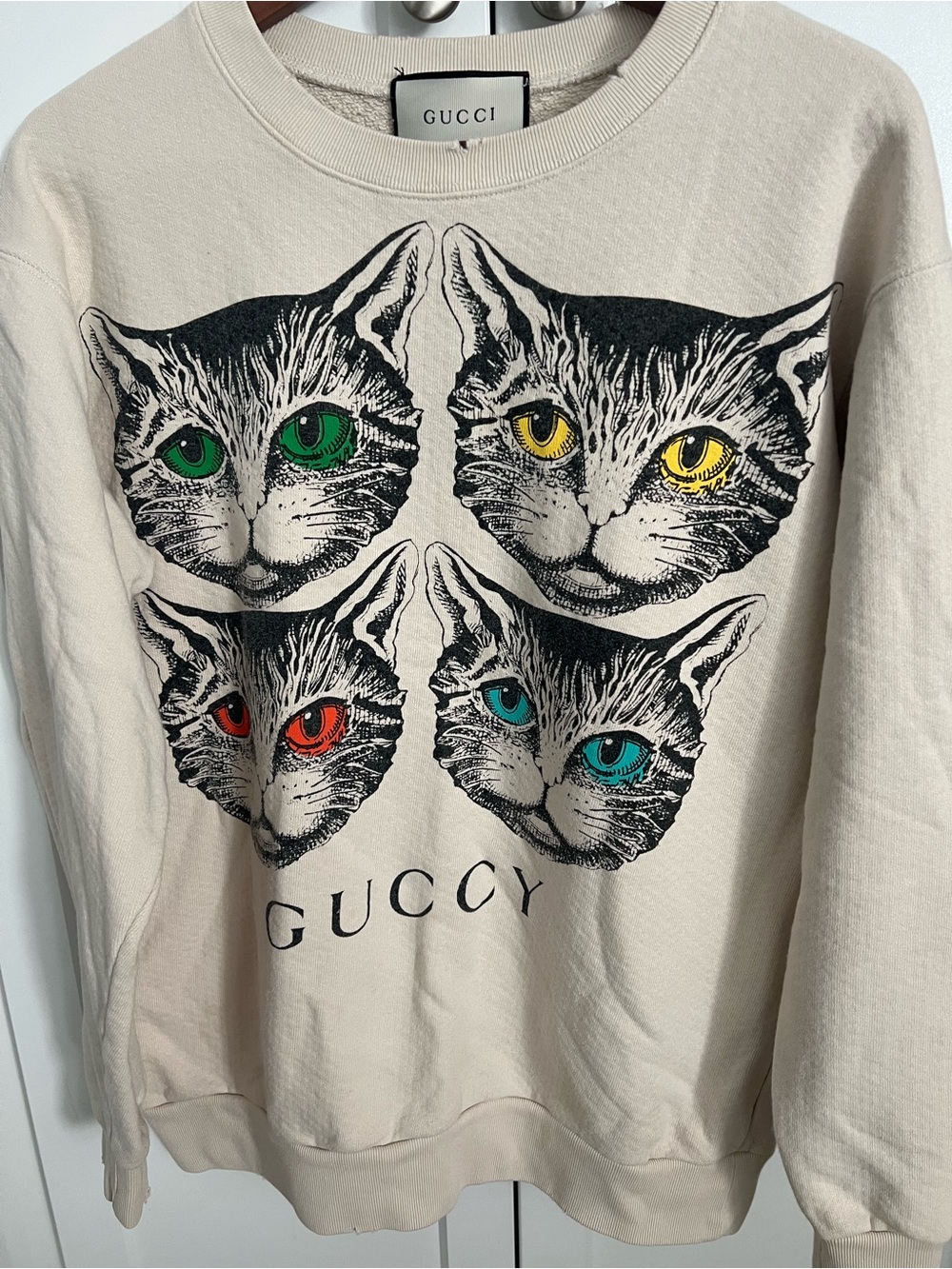 Gucci women’s Sweatshirt M with Four Cat Faces and Multicolored Eyes